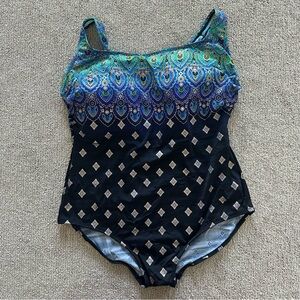 Longitude‎ Women’s 24W Swimsuit Blue Teal Paisley One Piece Tummy Control NWT
